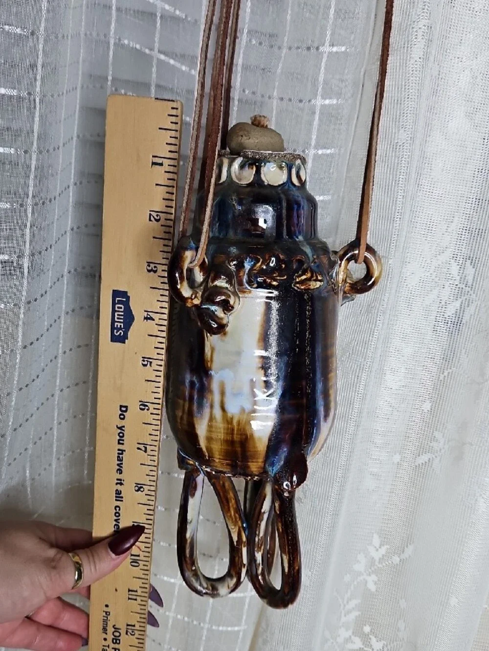 1970s Mid-century Art Pottery Hanging Stoneware Jug Hanging Oil Lamp